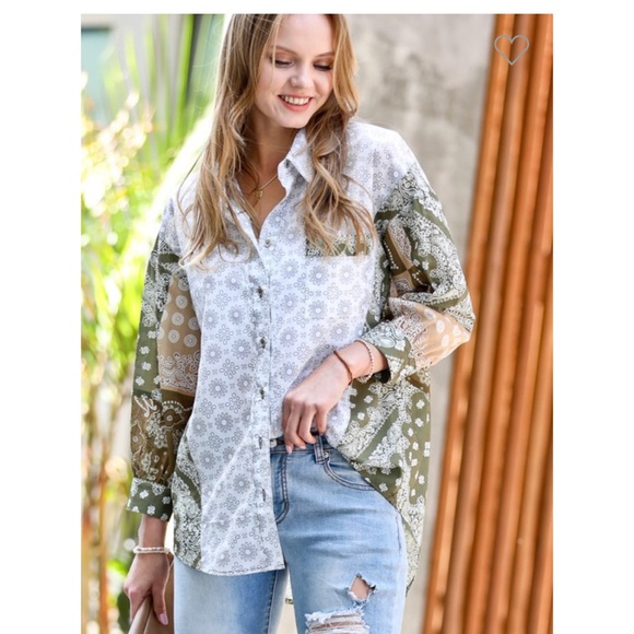 Vintage Olive Medallion Patchwork Oversized Blouse - Picture 5 of 7